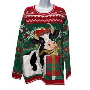 Holiday Time Ugly Sweater Mens 3XL 54 56 Christmas Bull Cow Opening Gift Bells